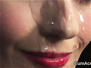 Spicy cutie gets jizz shot on her face gulping all the charge